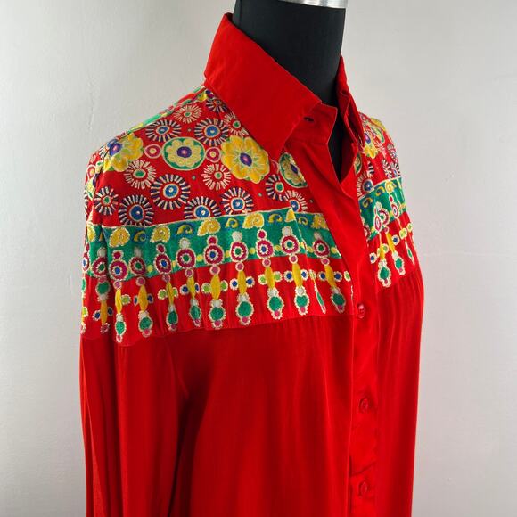 VINTAGE Gottex Red Top Floral Embroidered Collared Long Sleeve Button-Up Small S